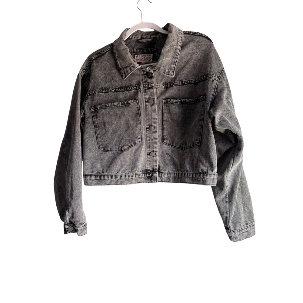 Stoosh Vintage Denim Cropped Jacket Black Acid Wash Button Front Size L JKJR3654